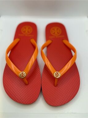 Tory Burch Flip Flops With Gold Logo Size: 6 Color: Bright Samba